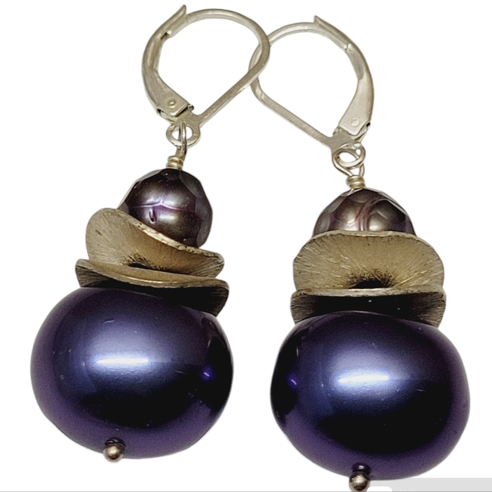 *  Dangle retro earring 1 1/2" purple beads & silver tone